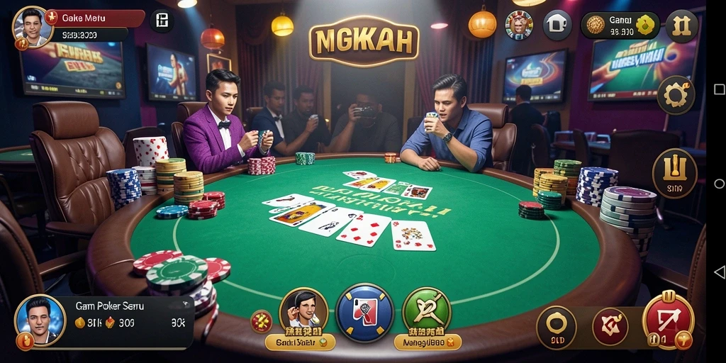 Screenshot gameplay poker dengan tampilan kartu dan pemain.