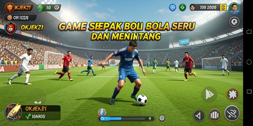 Gameplay action-packed dari OKJEK21 yang menampilkan aksi sepak bola menarik.