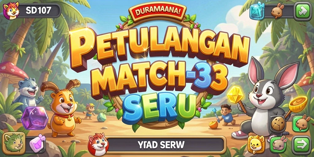 Screenshot gameplay SD107 dengan tampilan permata cerah dalam tingkat Match-3.