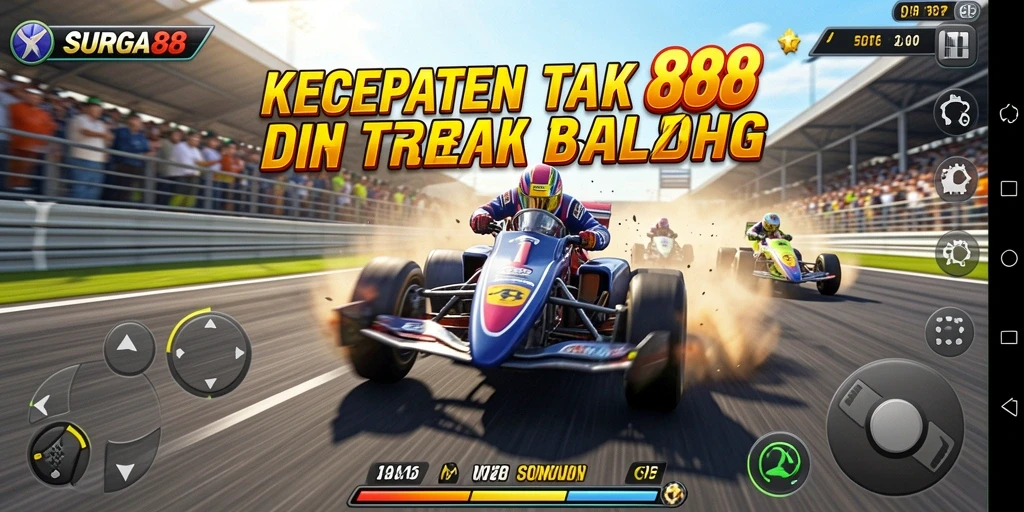 Gameplay Racing SURGA88 dengan mobil balap cepat di trek menantang.