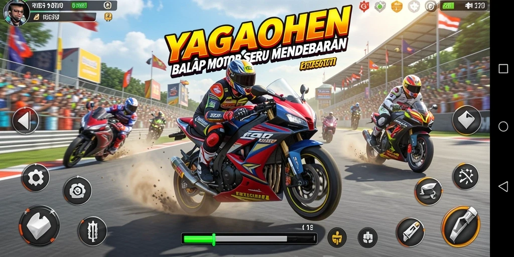 Screenshot gameplay YAGAOHEN menampilkan aksi balapan motor yang intens.